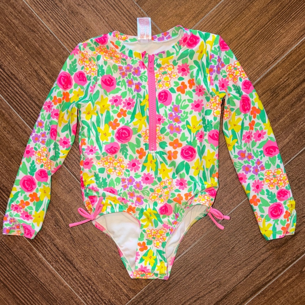Cat & Jack Girls' Floral Long-Sleeve One-Piece Swimsuit - Pink, Yellow & Green